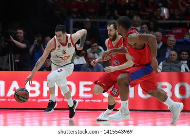 Russia. Moscow. Arena Megasport. April 18, 2019. Luca Vildoza & Sergio Rodriguez During The Euroleague Basketball Match 2018/2019 Between CSKA (Russia) & Baskonia (Spain)