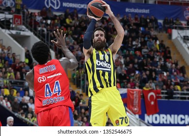 Russia. Moscow. Arena Megasport. March 21, 2019. Othello Hunter & Luigi Datome During The Euroleague Basketball Match 2018/2019 Between CSKA (Russia) & Fenerbahce (Turkey)