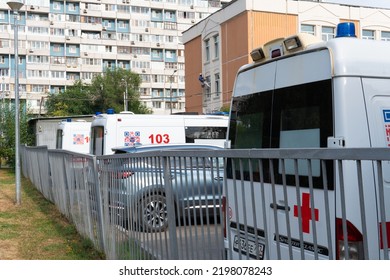 RUSSIA, MOSCOW - AUG 28, 2022: Car Auto Ambulance Transport Vehicle Emergency Speed Van Help, For Hospital Care For Medical For First Relief, Urgent Arrest. Red Alert Fast,