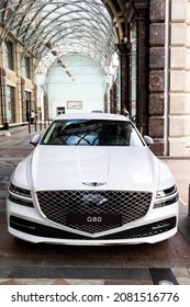 RUSSIA, Moscow - August 13, 2021: New Genesis G80 2021, Premium Car  Parked Near The Ritz Hotel