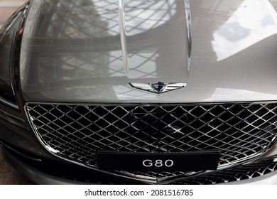 RUSSIA, Moscow - August 13, 2021: New Genesis G80 2021, Premium Car  Parked Near The Ritz Hotel