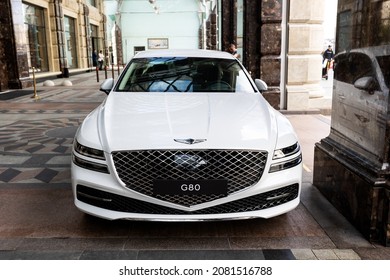 RUSSIA, Moscow - August 13, 2021: New Genesis G80 2021, Premium Car  Parked Near The Ritz Hotel