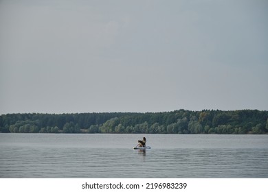 Russia, Moscow - August 2022. Young Woman Paddles In Lake Sitting On Inflatable SUP Board With Australian Shepherd Aussie In Life Jacket. Summer Water Activity With Pet. Stand Up Paddle Dog.