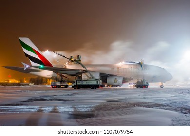 Russia, Moscow, Domodedovo airport. December 16th 2015
deiceing Airbus a380
