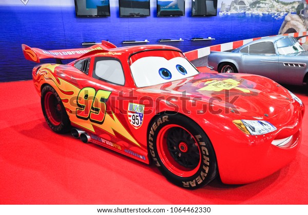 Russia,\
Moscow, Expocentre, 29 August - 9 September 2012: CARS animated\
movie  Cartoon Figure of Lightning McQueen at  4th Moscow\
International Automobile Salon (MIAS\
2012)