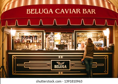 RUSSIA, Moscow - January 2019 : Beluga Caviar Bar In GUM Department Store  