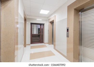 Russia, Moscow- July 05, 2019: Interior Room Apartment. Standard Repair Decoration In Hostel. Public Place, Passenger Elevator In An Apartment Building, Buttons