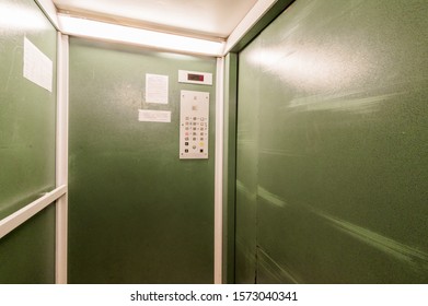 Russia, Moscow- July 08, 2019: Interior Room Apartment. Standard Repair Decoration In Hostel. Passenger Elevator In An Apartment Building, Buttons