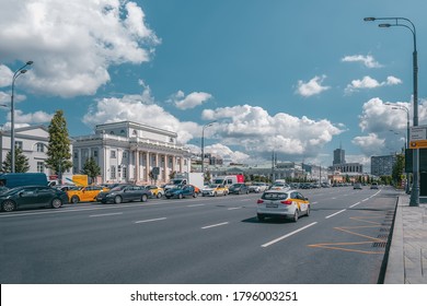 Russia, Moscow, July,31 2020. Beautiful Views Of Moscow. Moscow Traffic Of Cars. Taxi On A City Street.