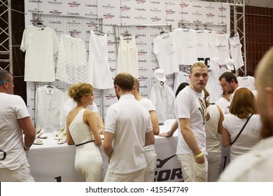 RUSSIA, MOSCOW - JUN 12, 2015: People In White At Lamoda Shop In Olympiysky Sports Complex Before Sensation Wicked Wonderland Show Begins.