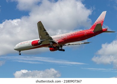 Russia , Moscow June 08, 2022 The Plane Of The Rossiya Airline Is Landing At Sheremetyevo Airport