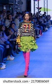 Russia, Moscow, June 21, 2022. Moscow Fashion Week. Fashion designer ZA_ZA show. The model walks down the runway