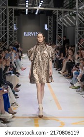 Russia, Moscow, June 21, 2022. Moscow Fashion Week. Fashion designer LURVIN show. The model walks down the runway