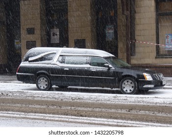 Russia, Moscow, March 14, 2013 - Cadillac Hearse In Snowfall