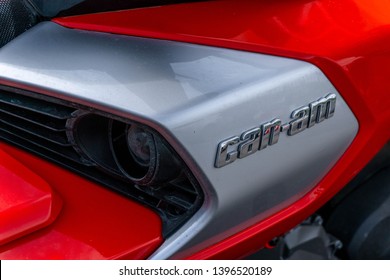 Russia, Moscow, May 11, 2019: Dirty Logo BRP Can Am Closeup.