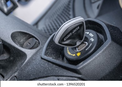 Russia, Moscow, May 11, 2019: Spyder Key Logo BRP Can Am Closeup