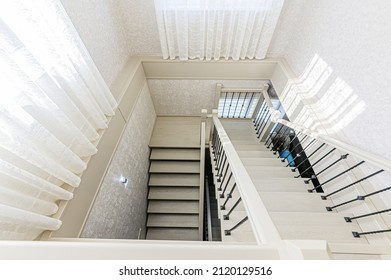 Russia, Moscow- May 18, 2020: interior room apartment modern bright cozy atmosphere. general cleaning, home decoration, preparation of house for sale. stairs, steps