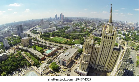RUSSIA, MOSCOW - MAY 23, 2014: Megapolis Panorama With Residential Skyscraper On Kudrinskaya Street, White House And Moscow Business Center At Sunny Spring Day. Aerial View