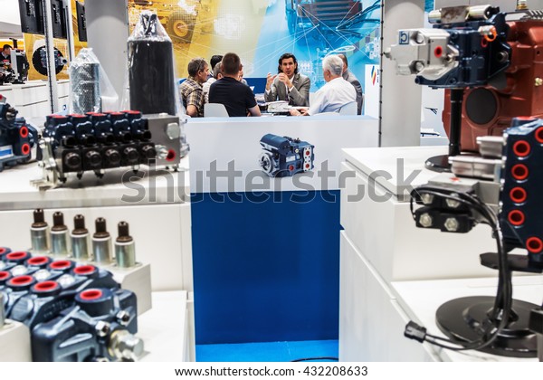 RUSSIA, MOSCOW - May 31, 2016: Visitors and\
exhibitors visiting the stands and exhibits at the International\
Specialized Exhibition of Construction Equipment and Technologies\
at Crocus Expo