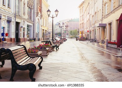 Russia, Moscow, Nikolskaya street - summer 2017 - Early morning in Moscow. Morning in the city, empty streets - Shutterstock ID 691388335