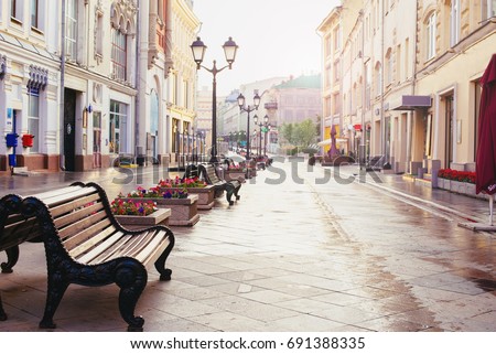 Russia, Moscow, Nikolskaya street - summer 2017 - Early morning in Moscow. Morning in the city, empty streets