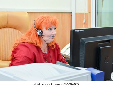 Russia, Moscow Region, Dmitrov, City Clinical Hospital, June 9, 2017. Emergency Medical Dispatcher In The Workplace