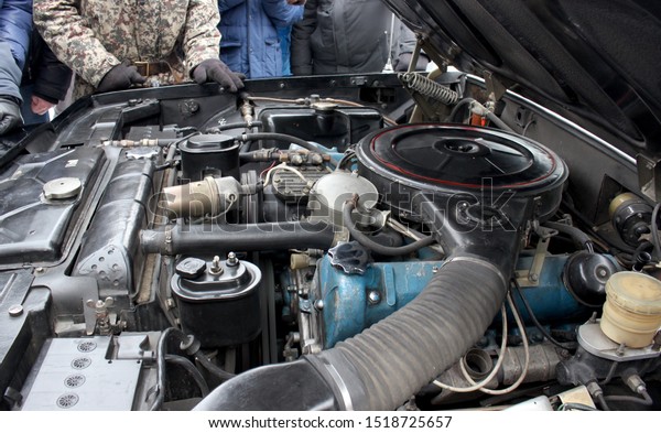 Russia, Moscow Region, February\
21, 2016 - Under the hood of the Soviet government car\
ZIL-41047