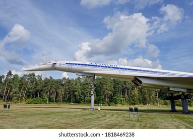 Russia, Moscow Region, Highway To Zhukovsky Airport, August 25, 2020: Monument To The First Soviet Supersonic Passenger Aircraft Tupolev Tu 144. The Plane Performed Commercial Flights  From 1975 To 78