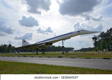 Russia, Moscow Region, Highway To Zhukovsky Airport, August 25, 2020: Monument To The First Soviet Supersonic Passenger Aircraft Tupolev Tu 144. The Plane Performed Commercial Flights  From 1975 To 78