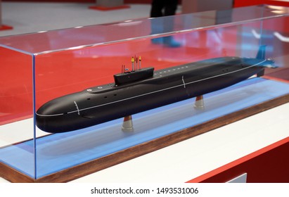Russia, Moscow Region, September 9, 2016 - A scale model of the Russian nuclear submarine of project 955 Borei