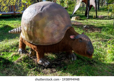 Russia, Moscow - September 29, 2018: Prehistoric extinct armadillo Glyptodont. Life-size model of an Ice Age beast.