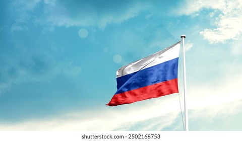 Russia national flag fluttering. The flag blowing in beautiful soft sky. Russia national flag for independence day.