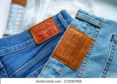 Russia, Omsk. 2020.04.28. Levis Jeans Close-up. Levi Strauss Logo Close Up