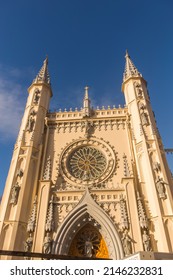 Russia Peterhof October 15, 2020 Orthodox Church In Alexandria Park, Gothic Chapel In Winter With Snow
