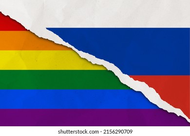 Russia And Rainbow Flag Ripped Paper Grunge Background. Concept Of Conflict And LGBT Rights. Russia Vs LGBT Community Metaphor. Tension And Crisis For Civil Right And Gay Pride