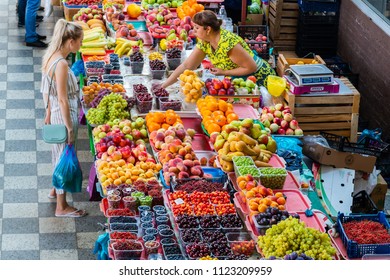 Russia, Rostov On Don, June 28, 2018: Fresh Fruits At A Central Market