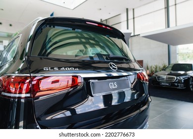 Russia, Rostov-on-Don, 05.07.2022. Rear View. Car Hood With Logo. A Black Mercedes GLS Car. Sale Of Luxury Cars. Leasing And Loan For The Purchase Of A Car. Modern Technologies. 