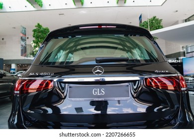 Russia, Rostov-on-Don, 05.07.2022. Rear View. Car Hood With Logo. A Black Mercedes GLS Car. Sale Of Luxury Cars. Leasing And Loan For The Purchase Of A Car. Modern Technologies. 