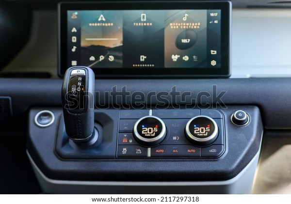 Russia,\
Rostovskaya oblast, 2021 June 09: : Dashboard in luxury interior\
design. Land Rover Defender is a four-wheel drive off-road SUV from\
British automotive company Jaguar Land\
Rover.