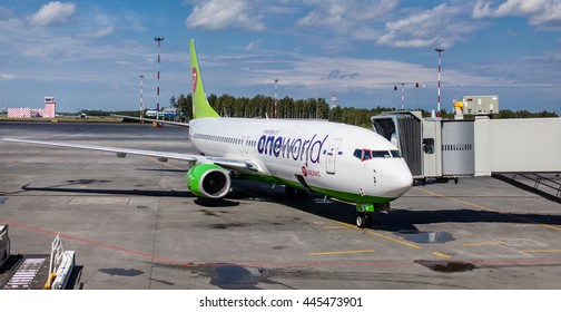 RUSSIA, SAINT-PETERSBURG, INTERNATIONAL AIRPORT PULKOVO - 17 JUNE 2016: Airplane Boeing 737-800 Of S7 Airlines, Member Of One World Alliance Is Ready For Boarding Passengers