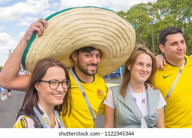 Russia, Samara, June 2018: Australian Football Fans Communicate With Fans From Russia At The World Cup.