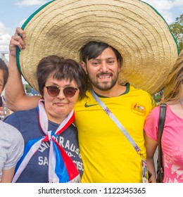 Russia, Samara, June 2018: Australian Football Fans Communicate With Fans From Russia At The World Cup.