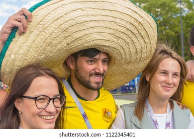 Russia, Samara, June 2018: Australian Football Fans Communicate With Fans From Russia At The World Cup.