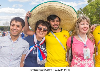 Russia, Samara, June 2018: Australian Football Fans Communicate With Fans From Russia At The World Cup.