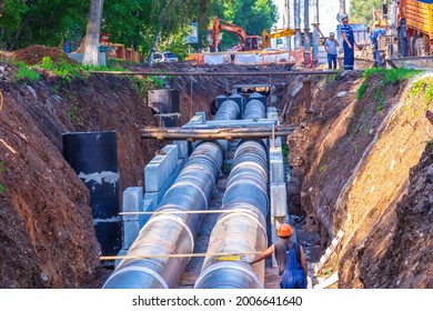 Russia, Samara, June 2021: repair work in the city to replace water pipes on a summer sunny day in the city of Samara.