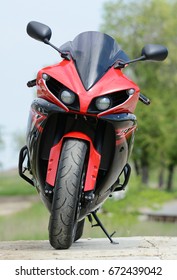 Russia, Saratov - June 25, 2017.  Motorcycle Red-black Yamaha YZF R1. Front View