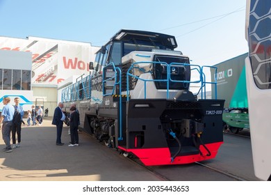 Russia, Shcherbinka, 28 August 2021 EXPO 1520, TEM23, Diesel Locomotive With Electric Transmission, Shunting, Type 23-Russian Two-diesel Shunting Locomotive. Text: TMX, Technical Inscriptions