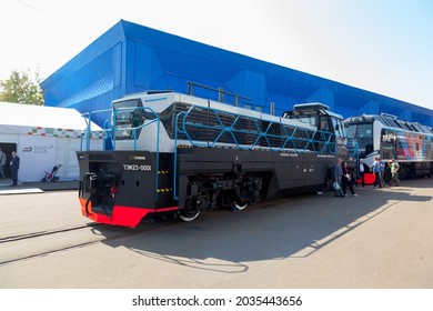 Russia, Shcherbinka, 28 August 2021 EXPO 1520, TEM23, Diesel Locomotive With Electric Transmission, Shunting, Type 23-Russian Two-diesel Shunting Locomotive. Text: TMX, Technical Inscriptions