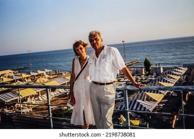 RUSSIA, SOCHI - CIRCA 1998: Vintage Photo Of Happy Adult Couple On Black Sea Resort