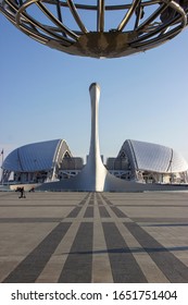 Russia, Sochi, October, 2019: Park (village) One Of The Main Venues Of The 2014 Winter Olympics. Area For Awarding Winners Medal-Plaza